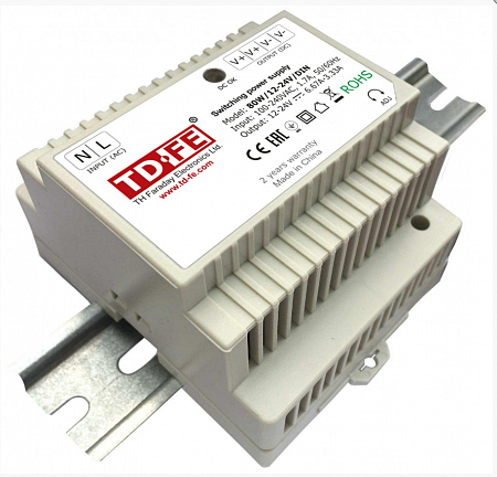 Faraday БП-80W/12-24V/DIN (пластик) Блок питания 12В(6.66А) - 24В(3.33А) (регулируется), автоматическая защита от перегрузок и КЗ, для установки на DIN-рейку, 93х78х56мм